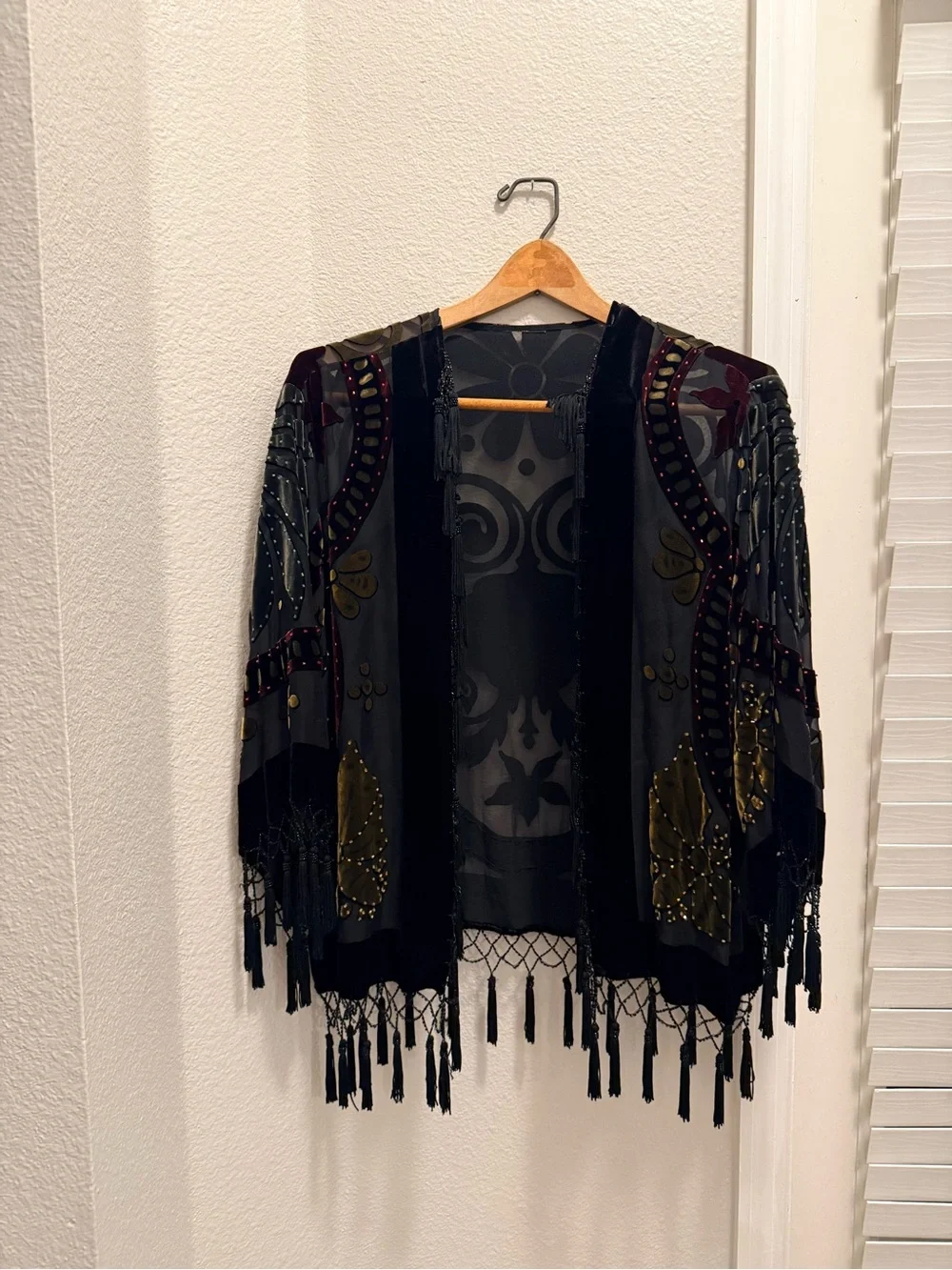Boho Velvet Fringe Open-Front Jacket Cape in Black